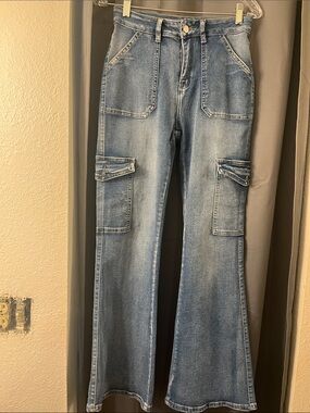 Women’s Blue Denim Cargo Flare Jeans
